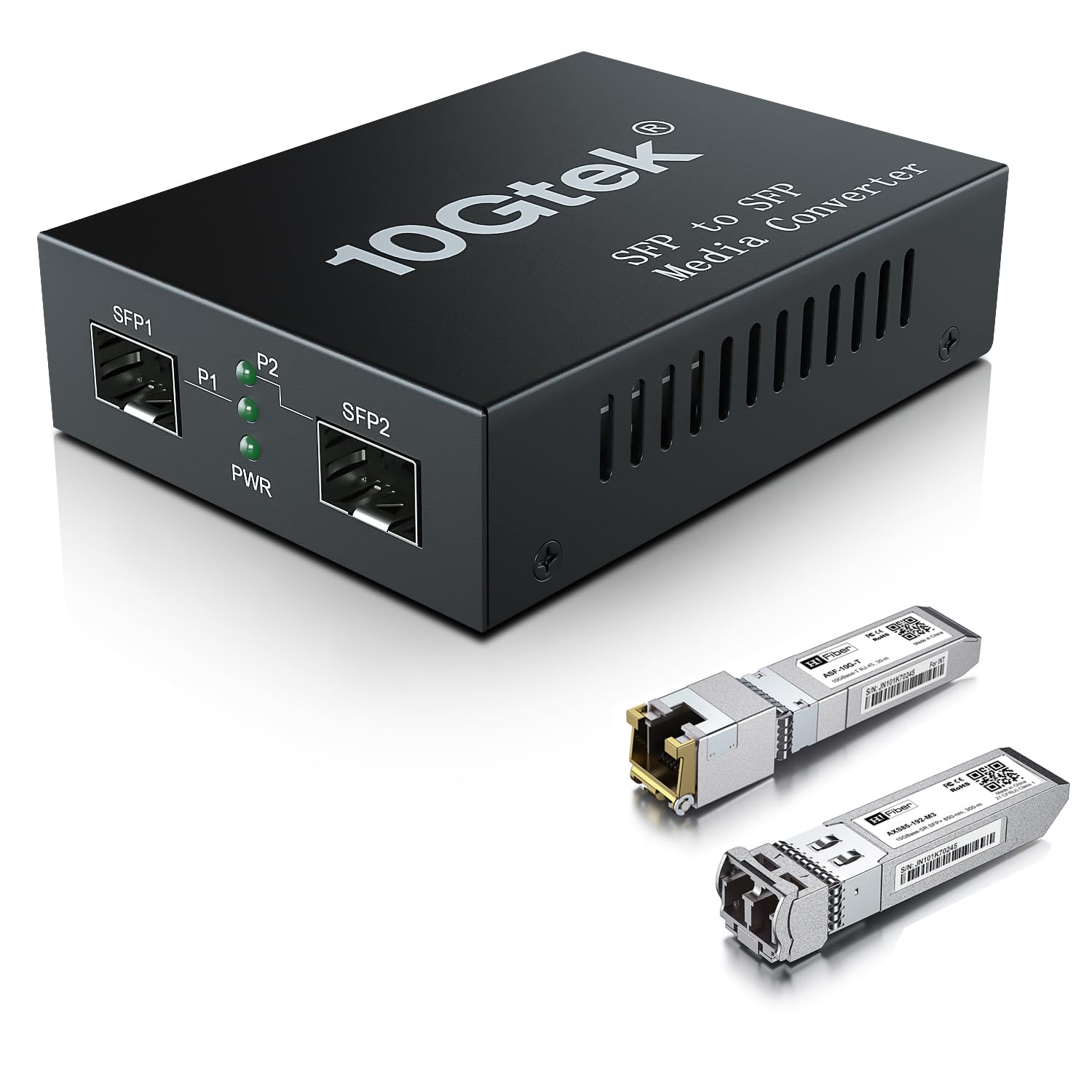 H!Fiber.com Convertisseur de média 10 Gigabit Ethernet,10G SFP+ vers RJ45 Fibre vers cuivre,avec un émetteur-récepteur SFP+(10GBase-SR,300m,mulitemode)et un émetteur-récepteur RJ45 10G(10GBase-T,30m)
