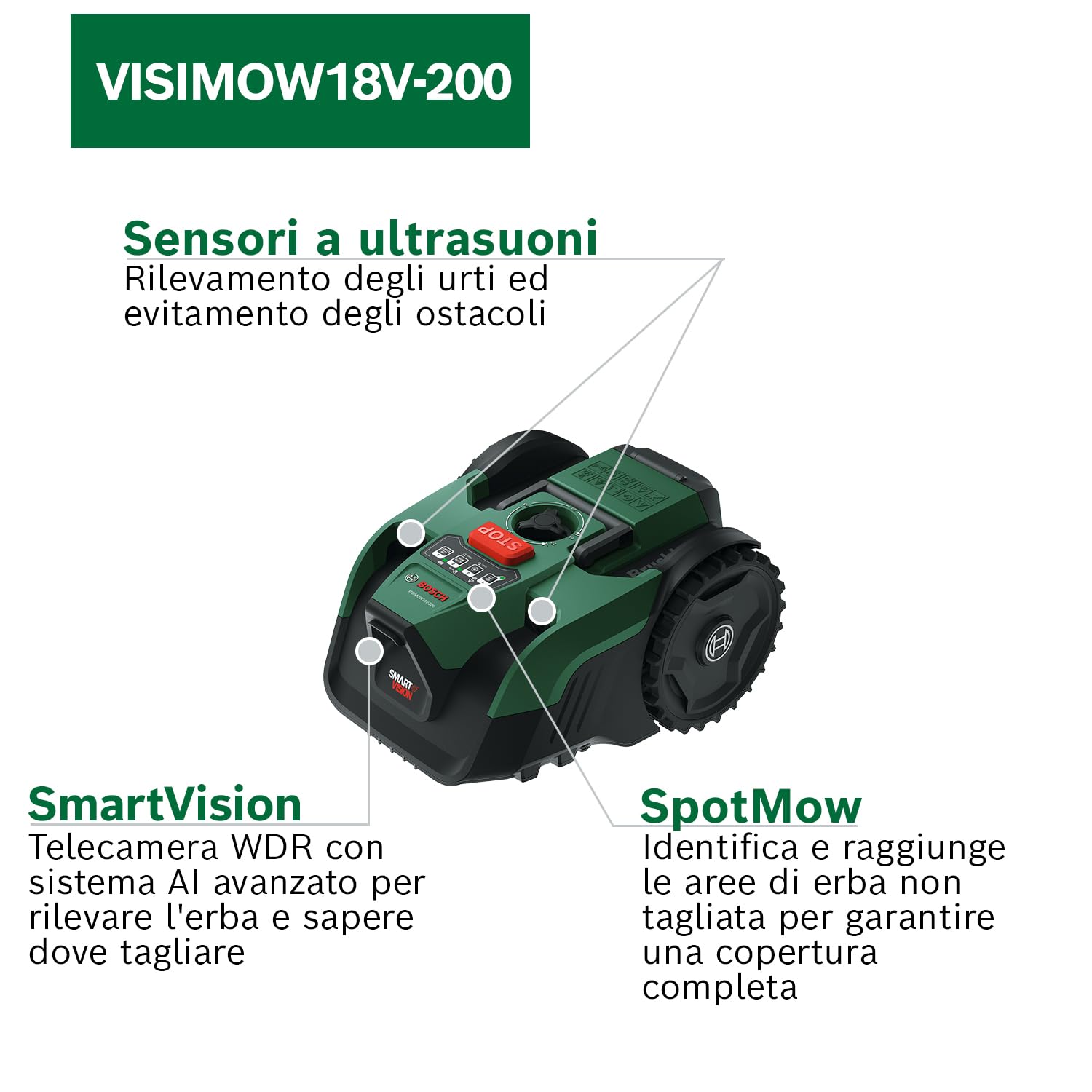 Bosch Robot rasaerba a batteria VISIMOW18V-200 | per prati fino a 200 m², larghezza taglio: 18 cm, altezza taglio: 20-60 mm, con lame ricambio, incl. batteria e caricatore