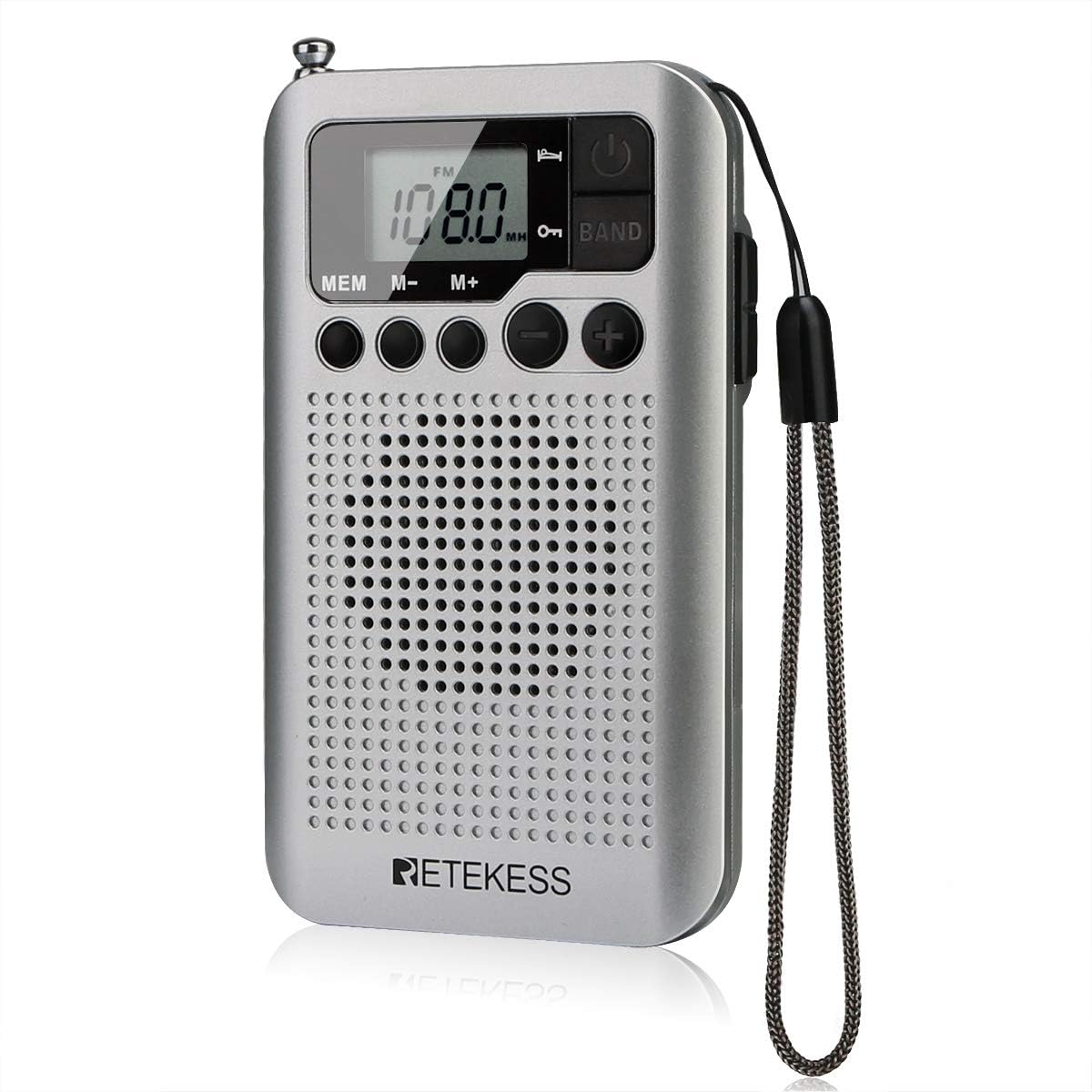 RetekessTR106 Mini Pocket Radio, FM AM Radio, AAA Batteries, Sleep Timer, Timing Boot, Lock Button, Built-in Speaker, 3.5 mm Headphone Jack, Christmas Gift (Silver)