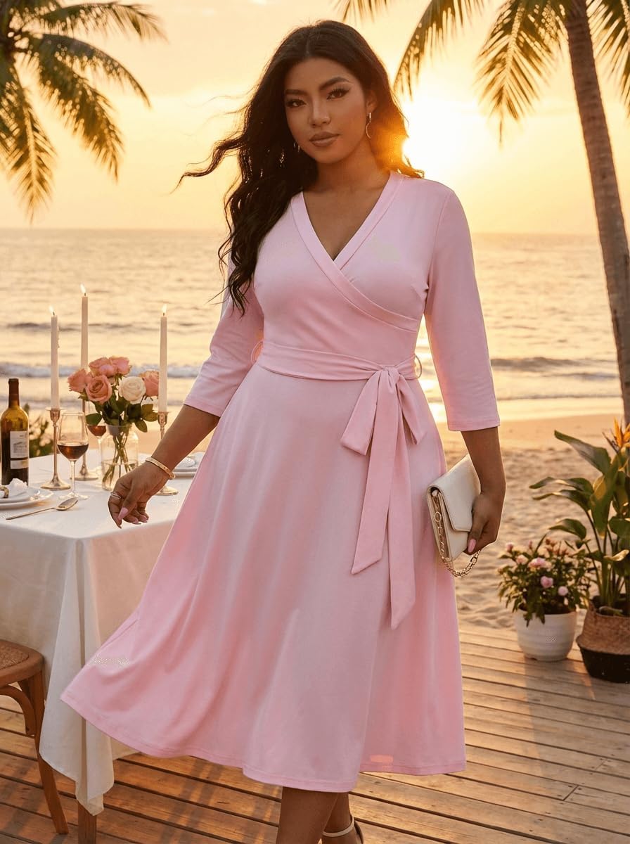 CLOCOR Plus Size Dresses, Womens Casual Church 3/4 Sleeve V Neck Cocktail Wrap Midi Dress with Pockets & Belt