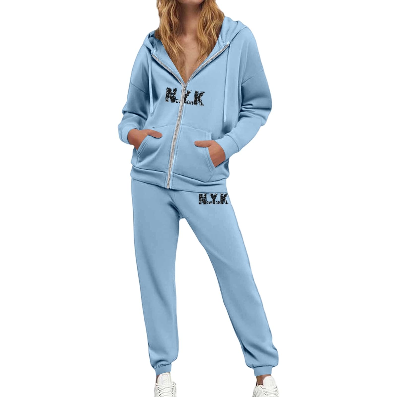 Completo tuta casual da donna con stampa di lettere, felpa con cappuccio e coulisse, pantaloni jogger, manica lunga, zip e tasche