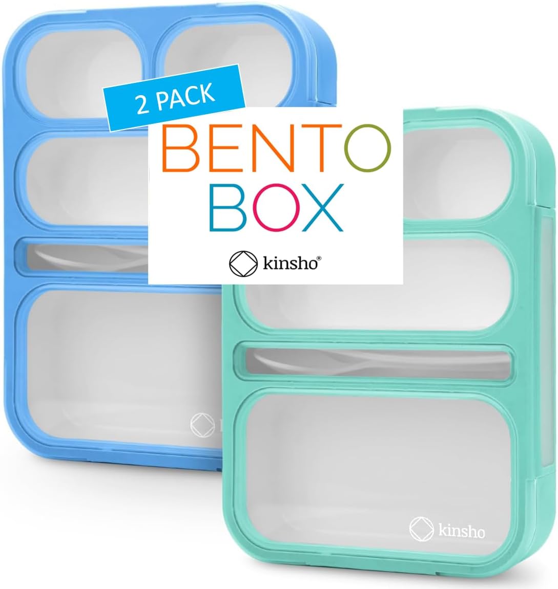 Bento Lunch-Box for Adults Kids Lunches, Portion Control Container Boxes for Women Girls Boys | Leak-proof Snack Containers for Toddlers Pre-School Daycare BPA-Free Utensils | Green, 5 Compartments