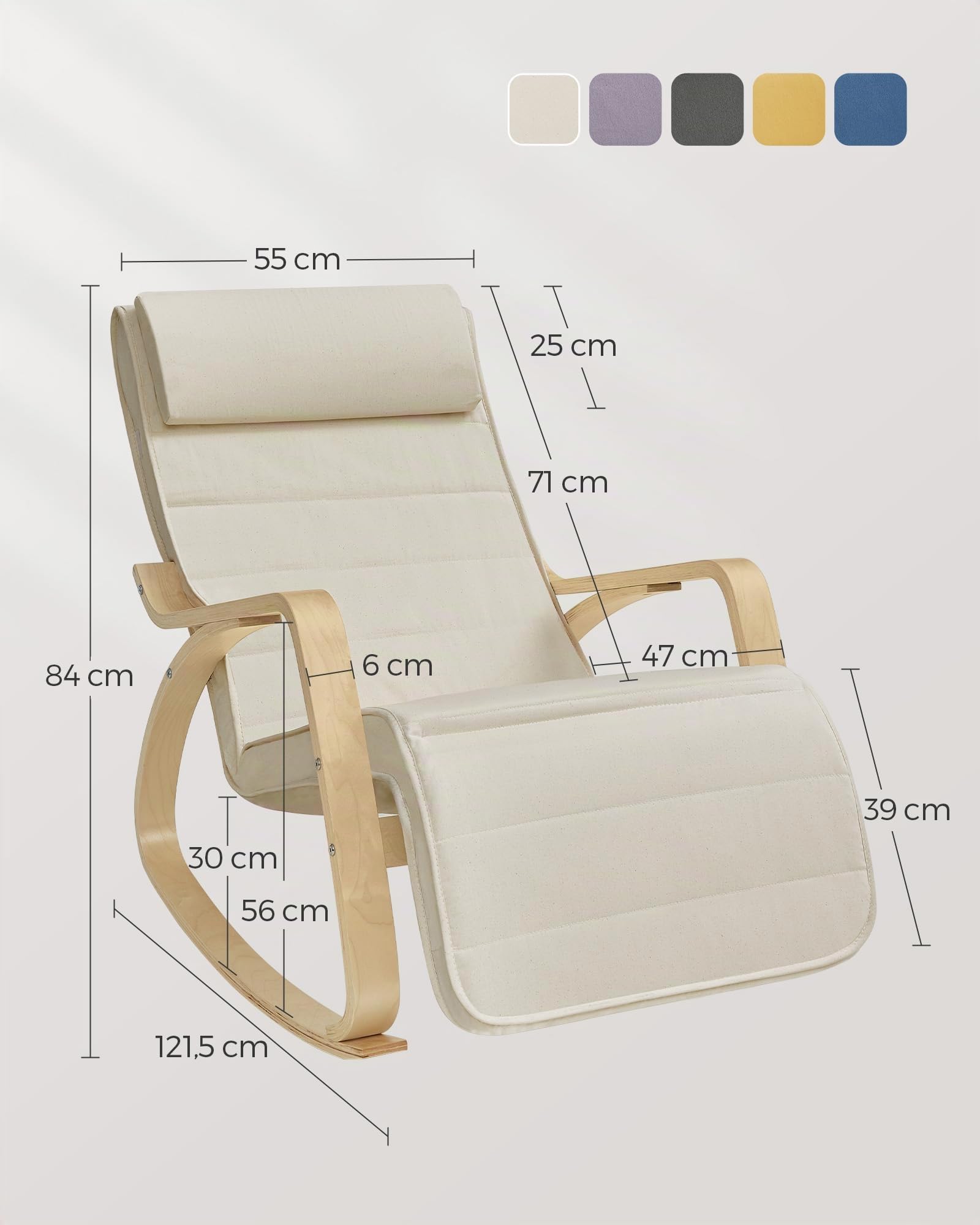 SONGMICS Fauteuil à Bascule, avec Accoudoirs en Bois, Repose-pieds Réglable en 5 Positions, Capacité 150 kg, 121,5 x 67 x 84 cm, pour Chambre, Salon, Beige et Couleur Boisée LYY010WZ01