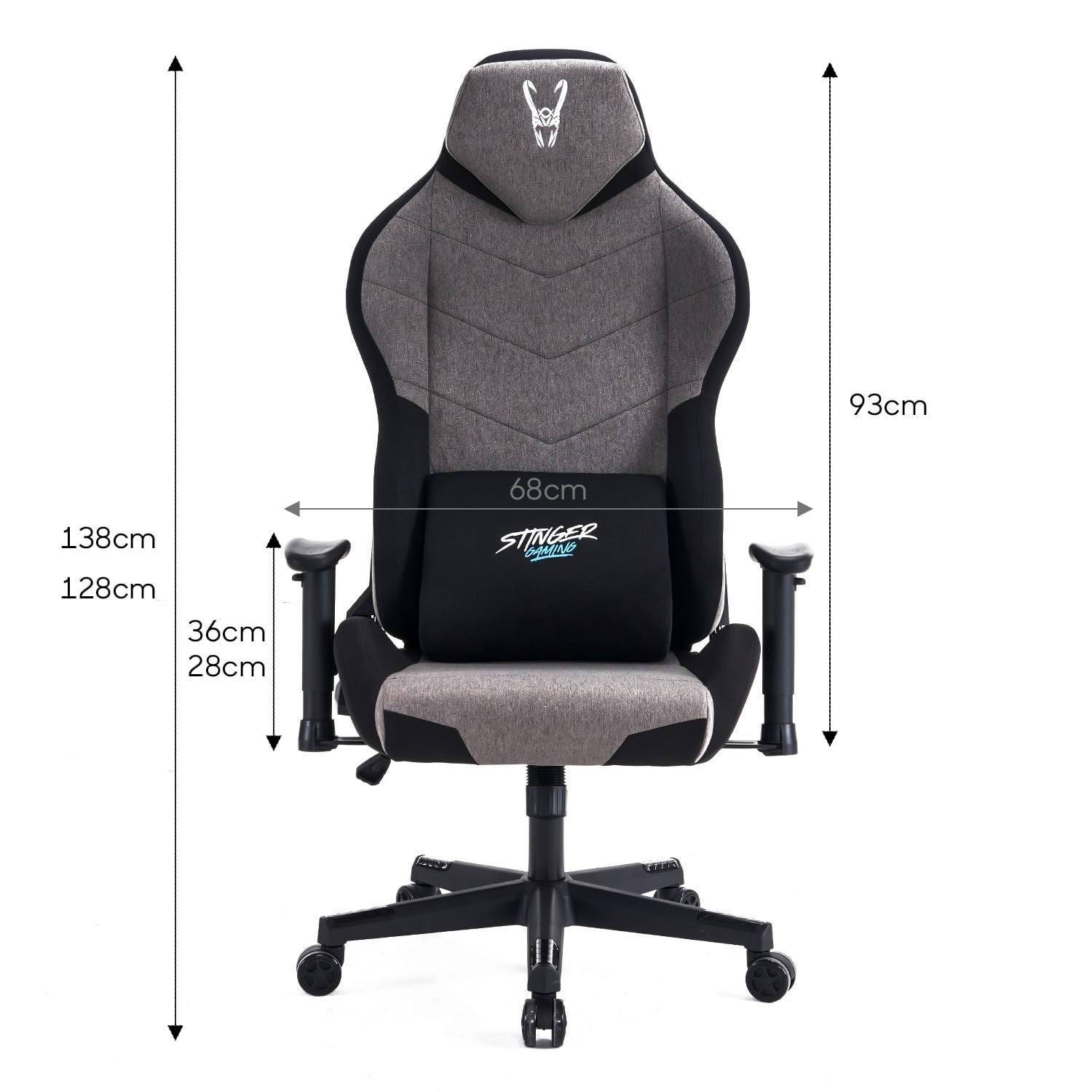 Woxter Stinger StationTitan Dark Chaise de gaming de bureau (gamer, axe acier, levage au gaz, tissu anti-taches, ergonomique, accoudoirs, hauteur et incl. réglable, mousse, racing et coussin lombaire)