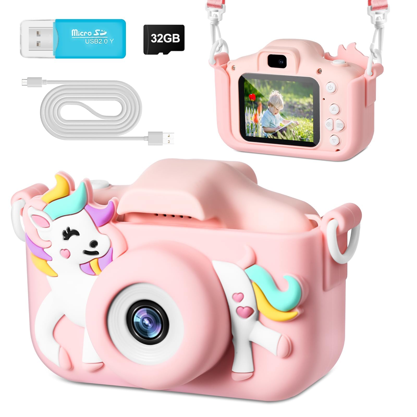 Aparat dla Dzieci z Ekranem 2,0 cala o Rozdzielczości 1080p, Wyposażony w Kartę SD o Pojemności 32 GB – Cyfrowy aparat do Selfie dla Chłopców i Dziewczynek