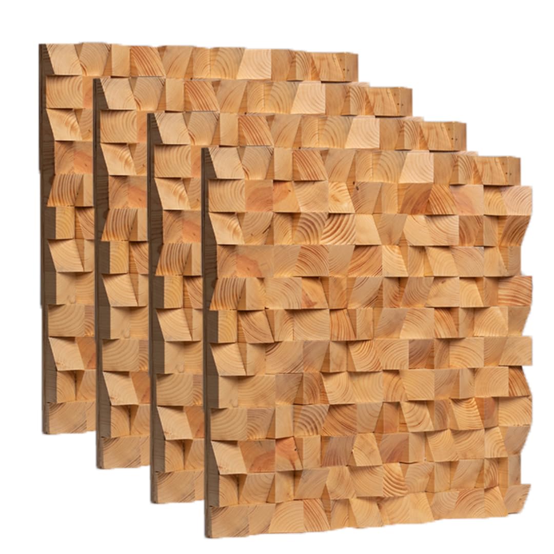Timber Acoustics® BlockFuser Diffuser, Sound Diffusion, Noise Reduction and Acoustic Room Treatment (Set of 4) (2'x2', Wooden)