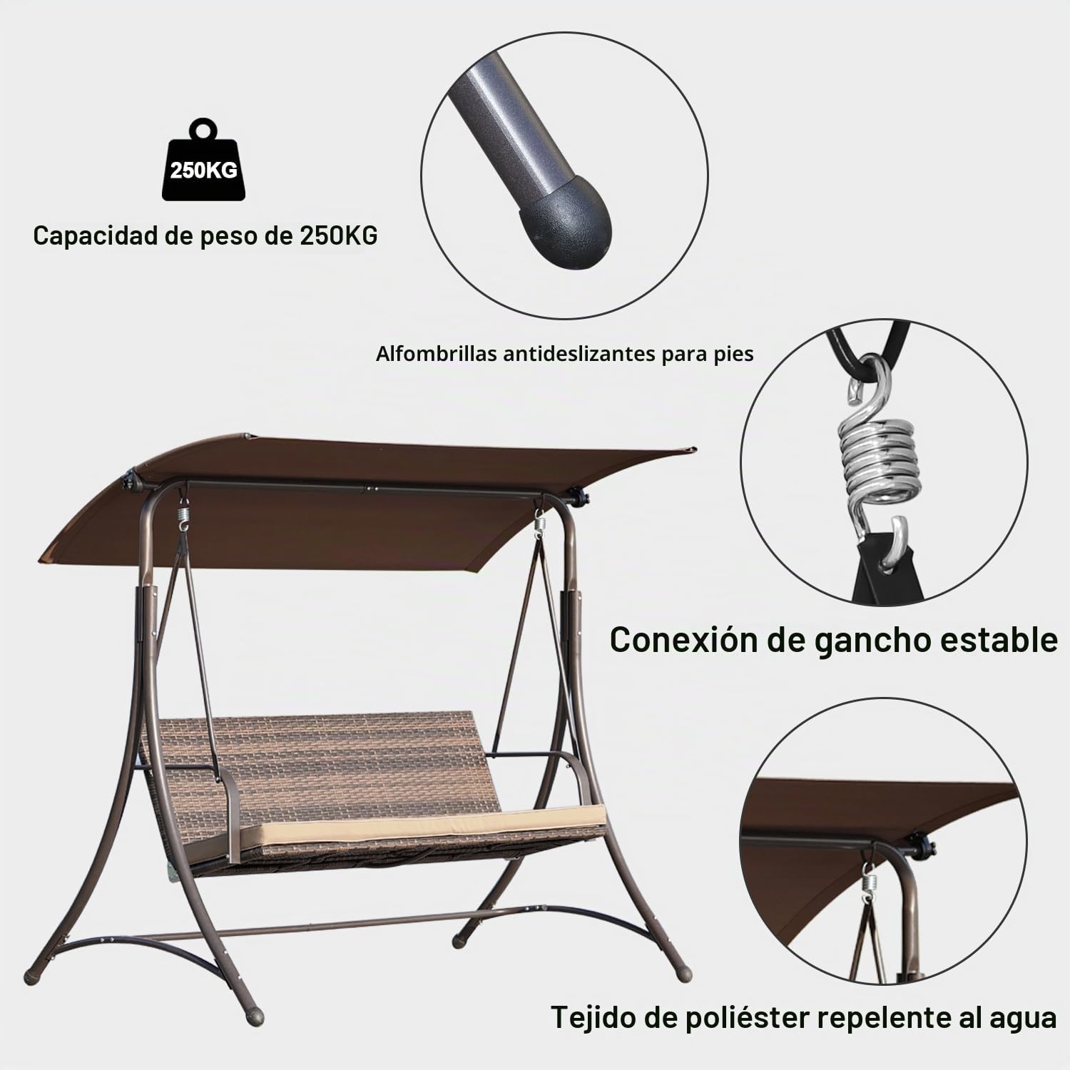 Angel Living Columpio con 3 Asientos de Jardín 159T, Balancín con 3 Plazas con un Techo y la Silla de Ratán Tejido, 170x110x153cm (Marrón)