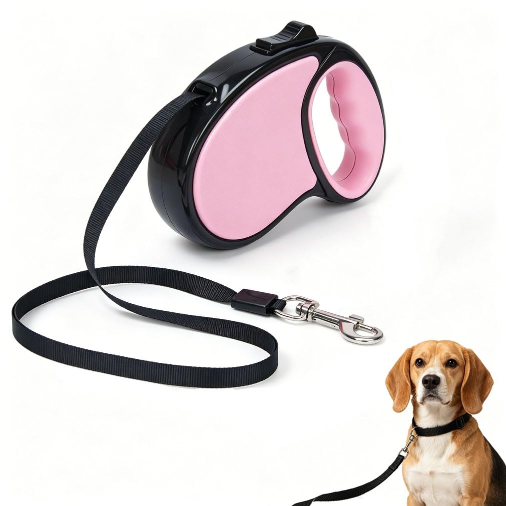 BIRDDIE Retractable Dog Lead,4.8M Tangle-Free Nylon Tape Leash, 360°Anti-Twist with Anti Slip Ergonomic Handle,One Handed Brake Pause Lock for Small Medium Dogs,Pink（Pink）