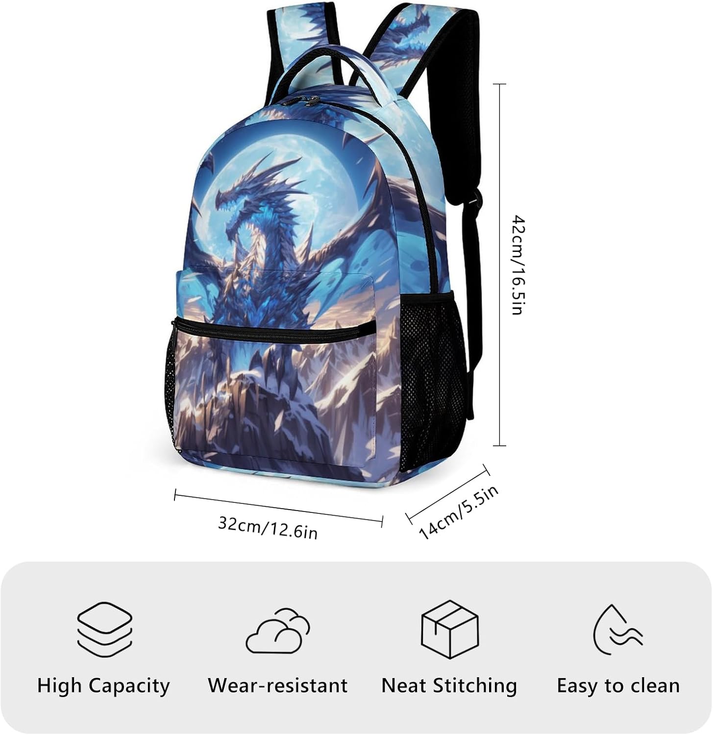 KOYI Kids Dragon Backpack Cool Blue Dragon with Moon School Backpack, Crazy Dragon Art Backpack for Boys, Elementary Boys Girls Travel Laptop Backpack for Dragon Lover, 16.5 Inch