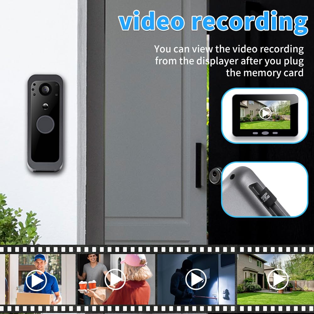 300 VK bezprzewodowy dzwonek do drzwi wideo, ekran 4,3 cala, Spioncino1080P z kartą pamięci 32 GB, wykrywanie ruchu, dwukierunkowy dźwięk, wodoodporny