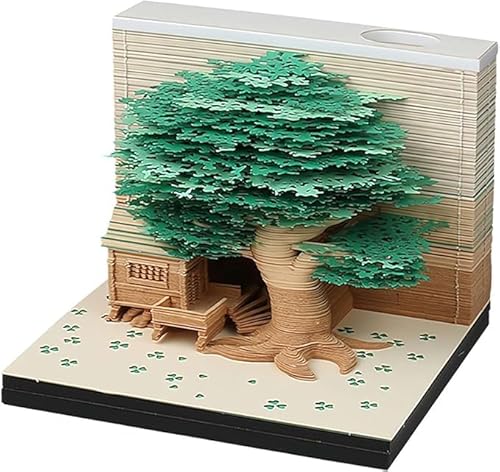 MEICHI 3D Notizblock, nicht verklebt, 3D Baumhaus (Grün) Papierkunst mit Anzeigebox glasklar, 9 x 9 x 6 cm, 260 Blätter, Tischdeco