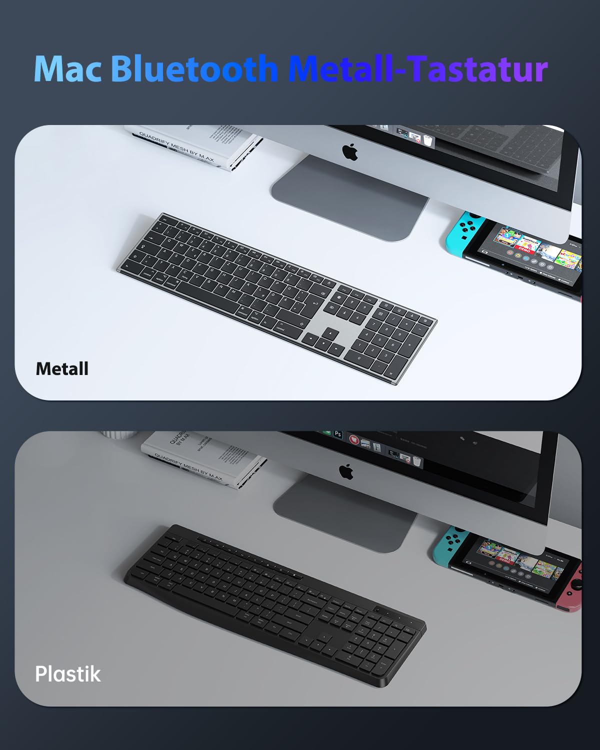 OMOTON Aluminium Bluetooth Tastatur, Kabellose QWERTZ-Tastatur mit Metallgehäuse (Kompatibel mit MacBook Air/MacBook Pro/iMac/Mac Pro), Wiederaufladbar, Ergonomisch, Leises Tippen