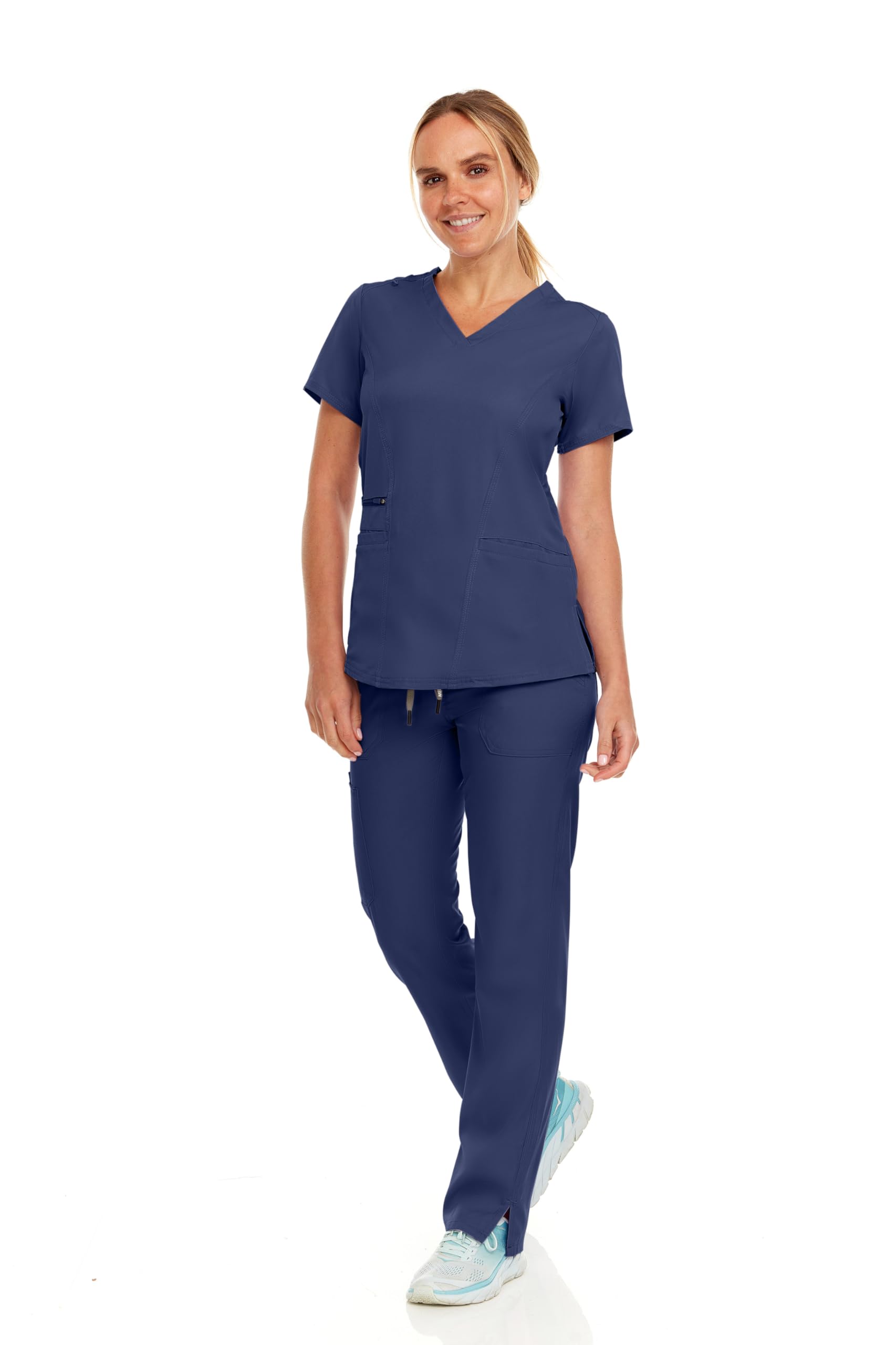 MediChic Women's V-Neck Scrub Set Straight Leg Six Pocket Cargo Scrub Pants with 4-Way Stretch Scrubs Sets