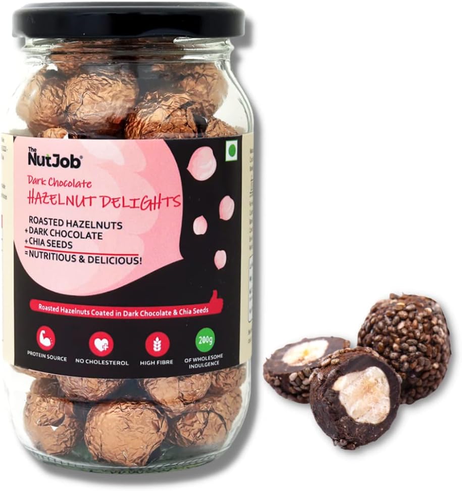 The NutJob Dark Chocolate Hazelnut Delights - Chocolate and Chia Coated Hazelnuts - 40% Nuts & Seeds Chocolate - 200g Jar