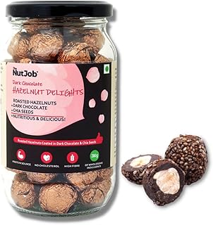 Dark Chocolate Hazelnut Delights - Chocolate and Chia Coated Hazelnuts - 40% Nuts & Seeds Chocolate - 200g Jar