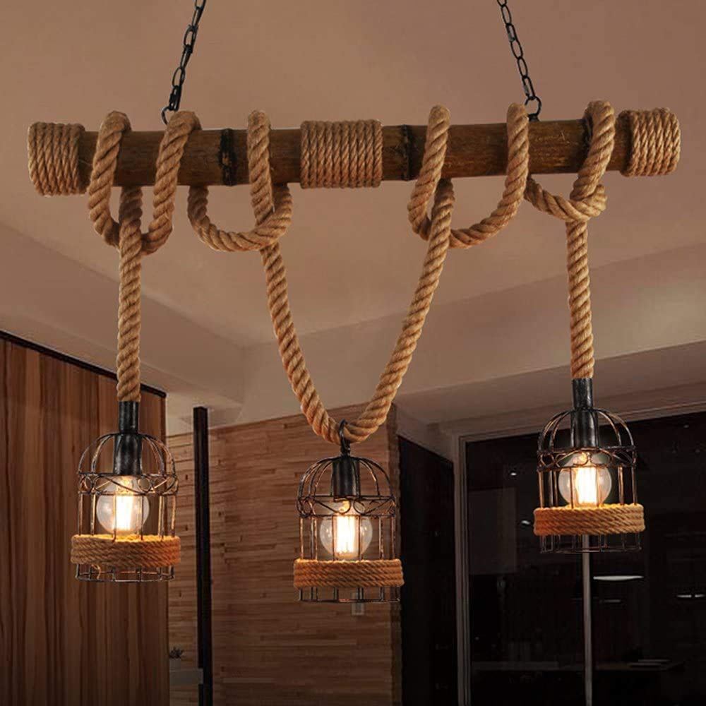 BAYCHEER Industrial 3 Lights Pendant Light Ceiling Lighting Hanging Lamp  Chandelier Lantern Style with Rope Cage Frame & Wood Decoration for Indoor  Bar Warehouse Hallway Use E26 Bulbs - - Amazon.com
