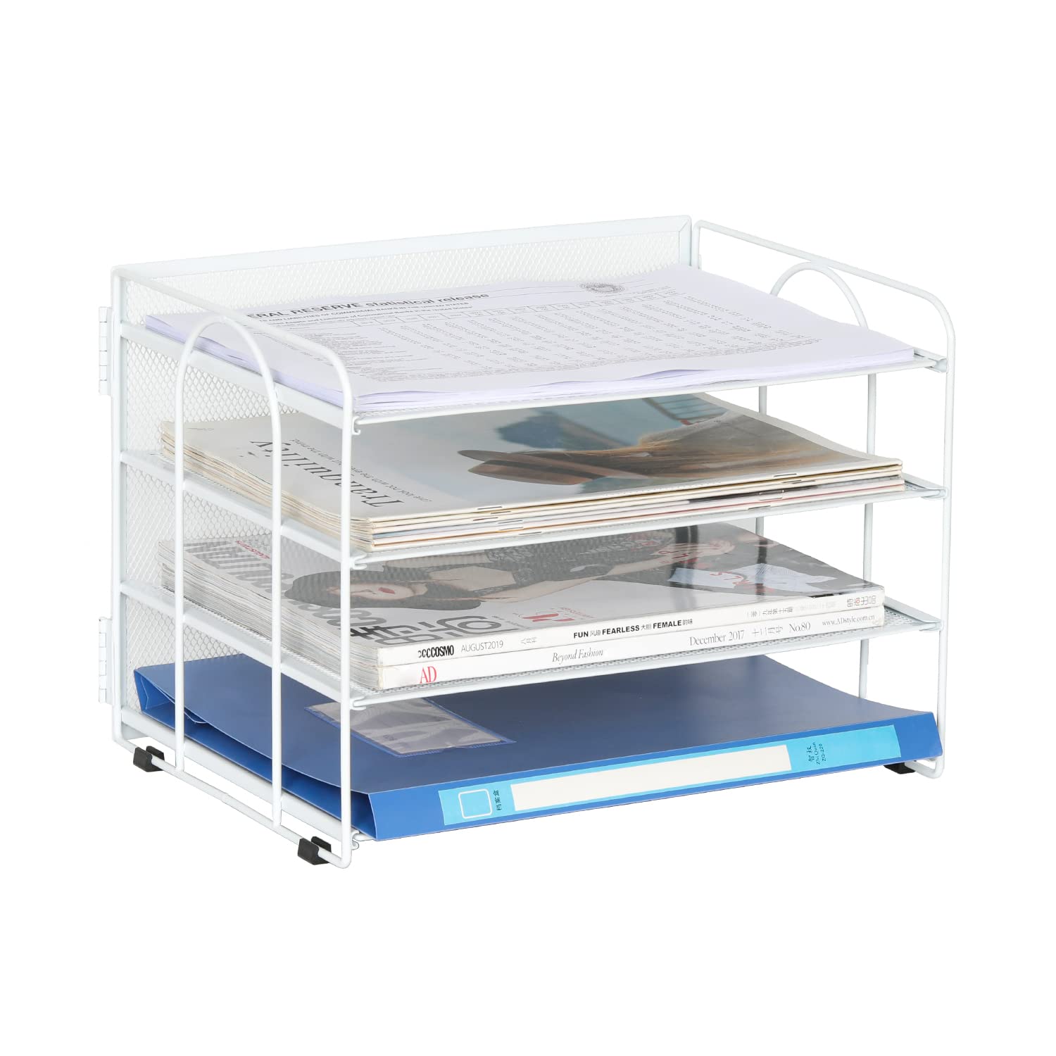 EasyPAG Organizer na Biurko A4 4 Przedziały Metal Siatka,Taca na Czasopisma,Półka na Listy,Stojak na Dokumenty do Domu & Biura,Biały