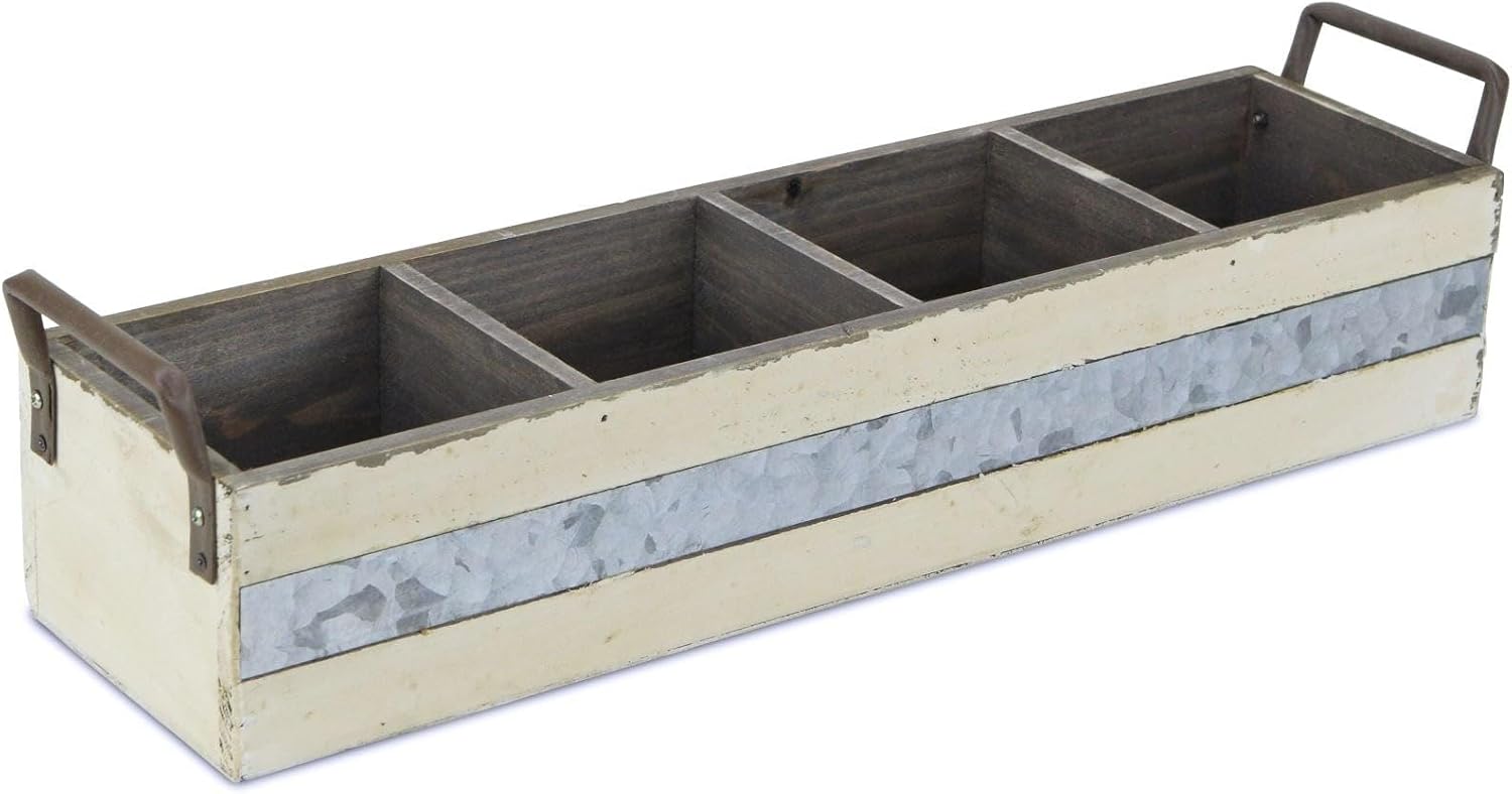 4 Slot Wooden Crate with Side Metal Handles and Metal Panel on Side