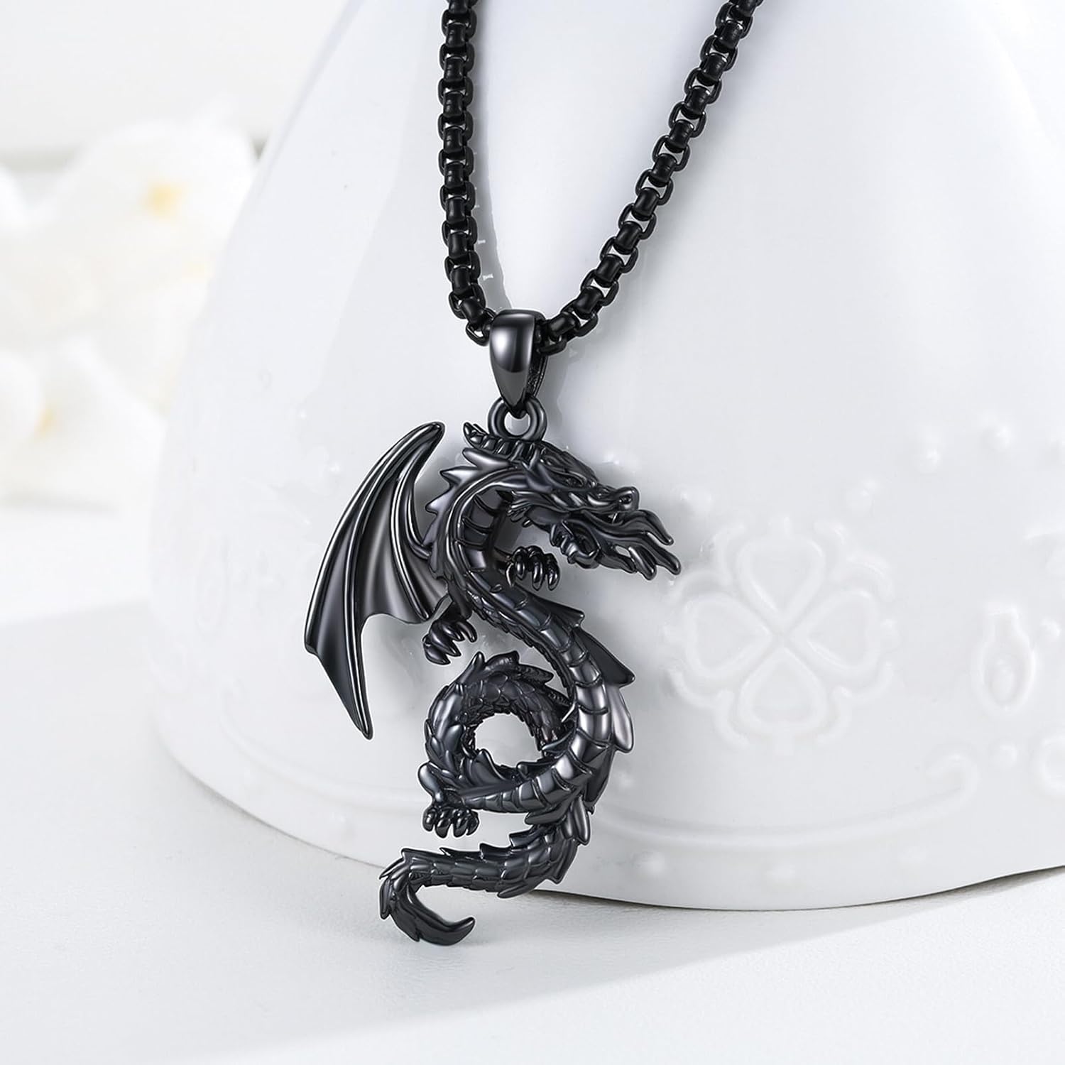 Dragon Necklace for Men Malachite/Obsidian/Amethyst/Lapis Lazuli/Tiger Eye/White Crystal Fire-breathing Dragon Pendant Sterling Silver Medieval Mythic Totem Chain Vintage Animal Jewelry Gifts - Image 7