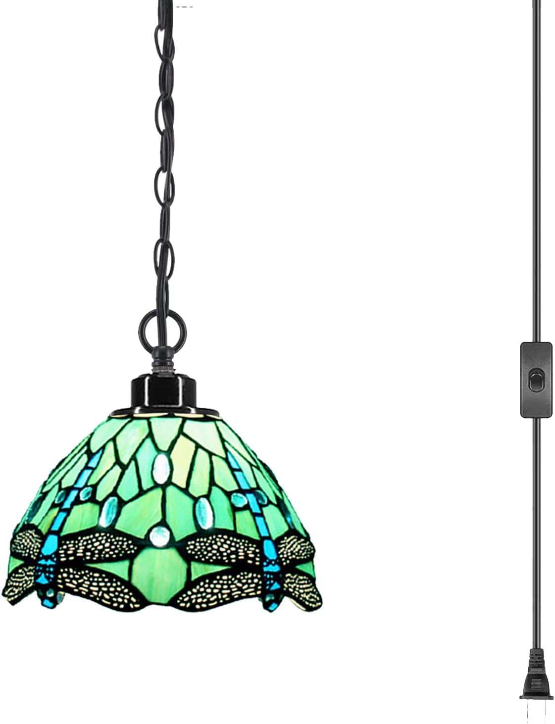 Small Tiffany Pendant Light Plug in Stained Glass Swag Lamp 8X8X181 Inch Hanging Lamp (Green Dragonfly for Dining Room Living Room