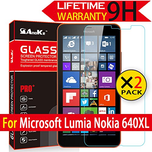 Nokia Lumia 640 XL Screen Protector, Lumia 640 XL Glass Screen Protector, AnoKe [Lifetime Replacement Warranty] Anti-Scratch Best Tempered Glass Screen Protector For Microsoft Nokia Lumia 640 XL-2Pack