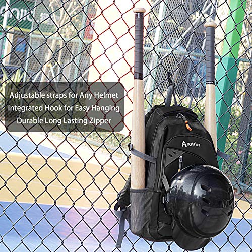 ALLRIER Baseball Backpack Bag - Baseball Bag with Fence Hook, Ball Softball Equipment Gear Holds 2 Bat Helmet Batting Glove Cleats Water Bottles and More for Kids Youth and Adults - Black