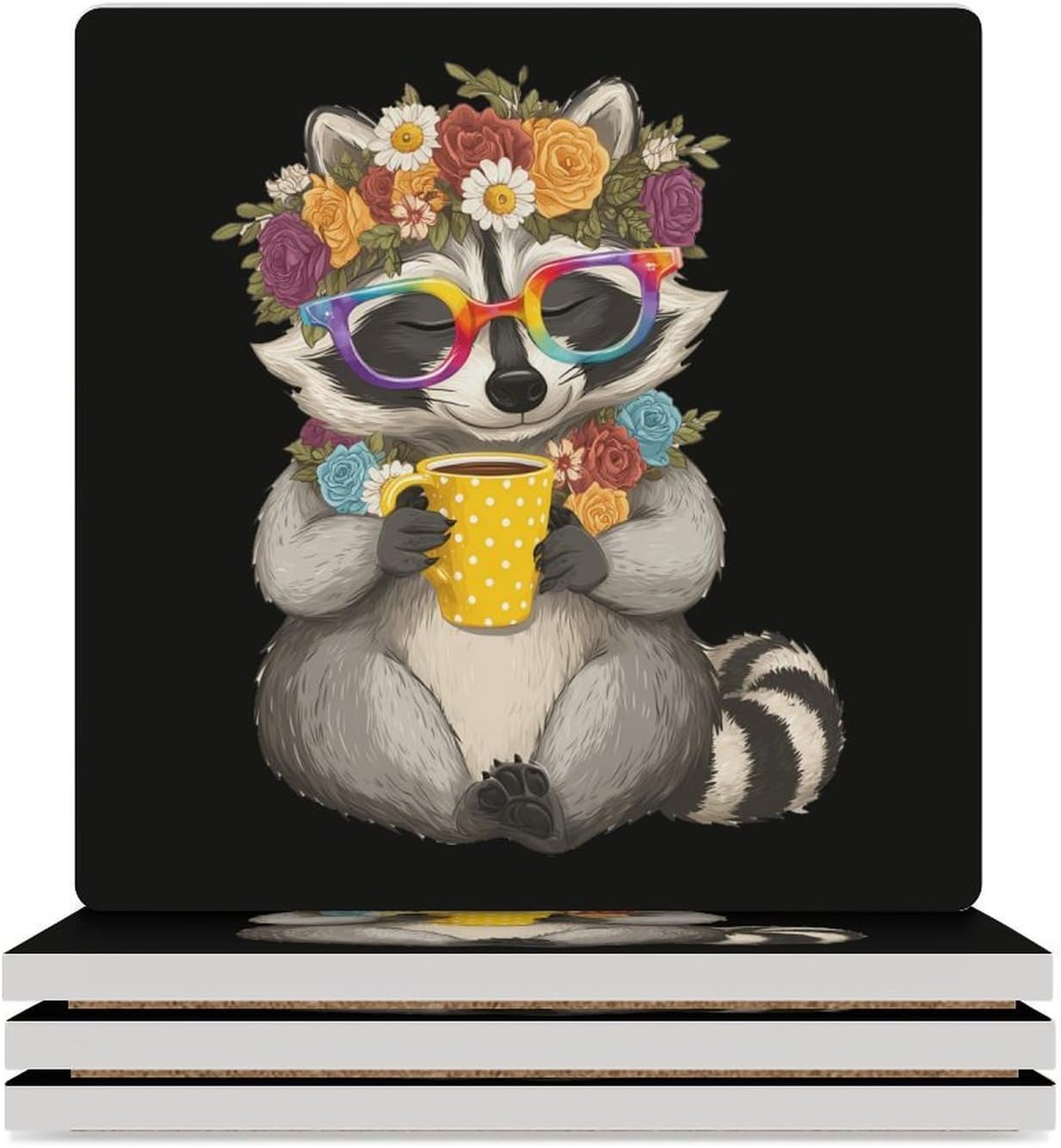 Animal Raccoon Coffee Coaster for Drinks Square Ceramic Table Coasters Stone Mat Crafts 4PCS Home Kitchen Decor