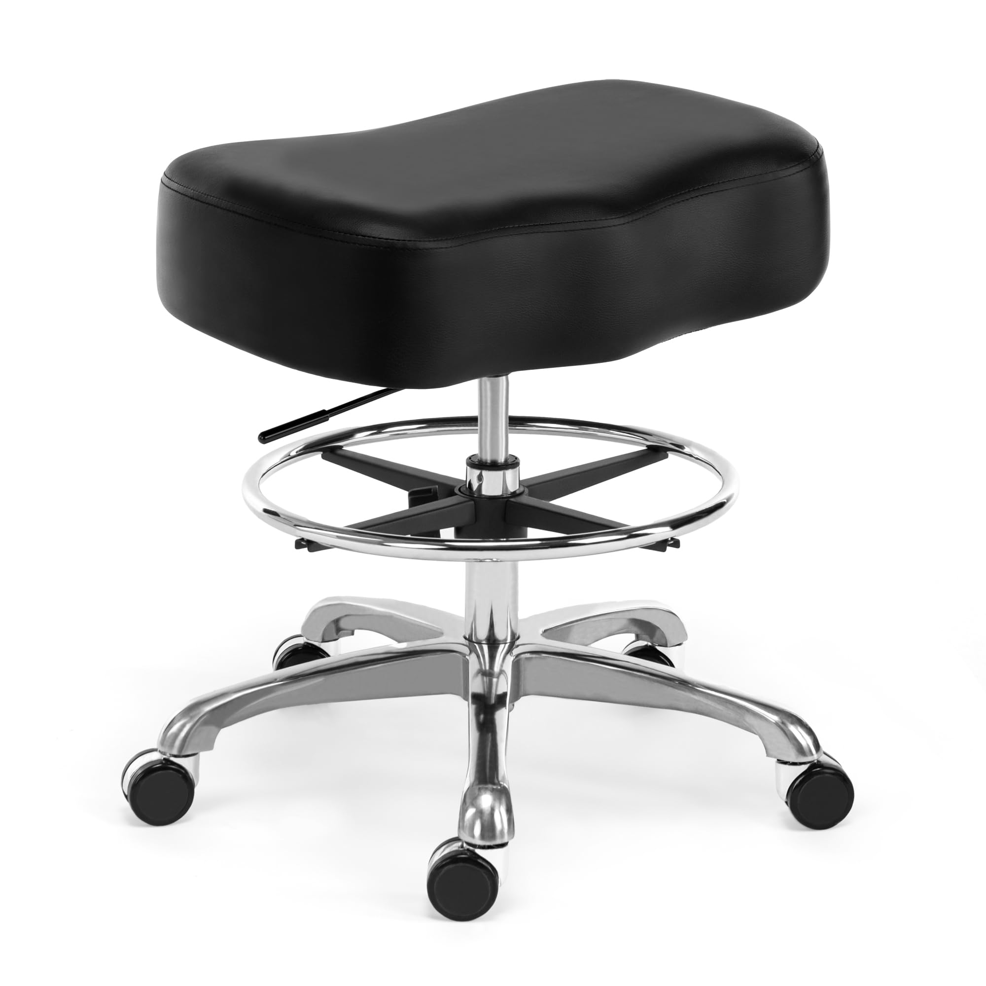 DR.LOMILOMI Pneumatic Swivel Rolling Saddle Stool 504 Kalea with Adjustable Foot Ring for Clinic SPA Tattoo and Home (Black, Chrome)