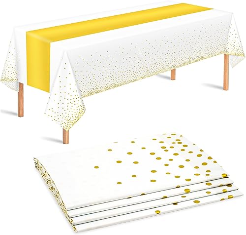 hapray Paquete de 4 manteles de plástico para mesas rectangulares, manteles desechables de fiesta, fundas de mesa de puntos dorados para