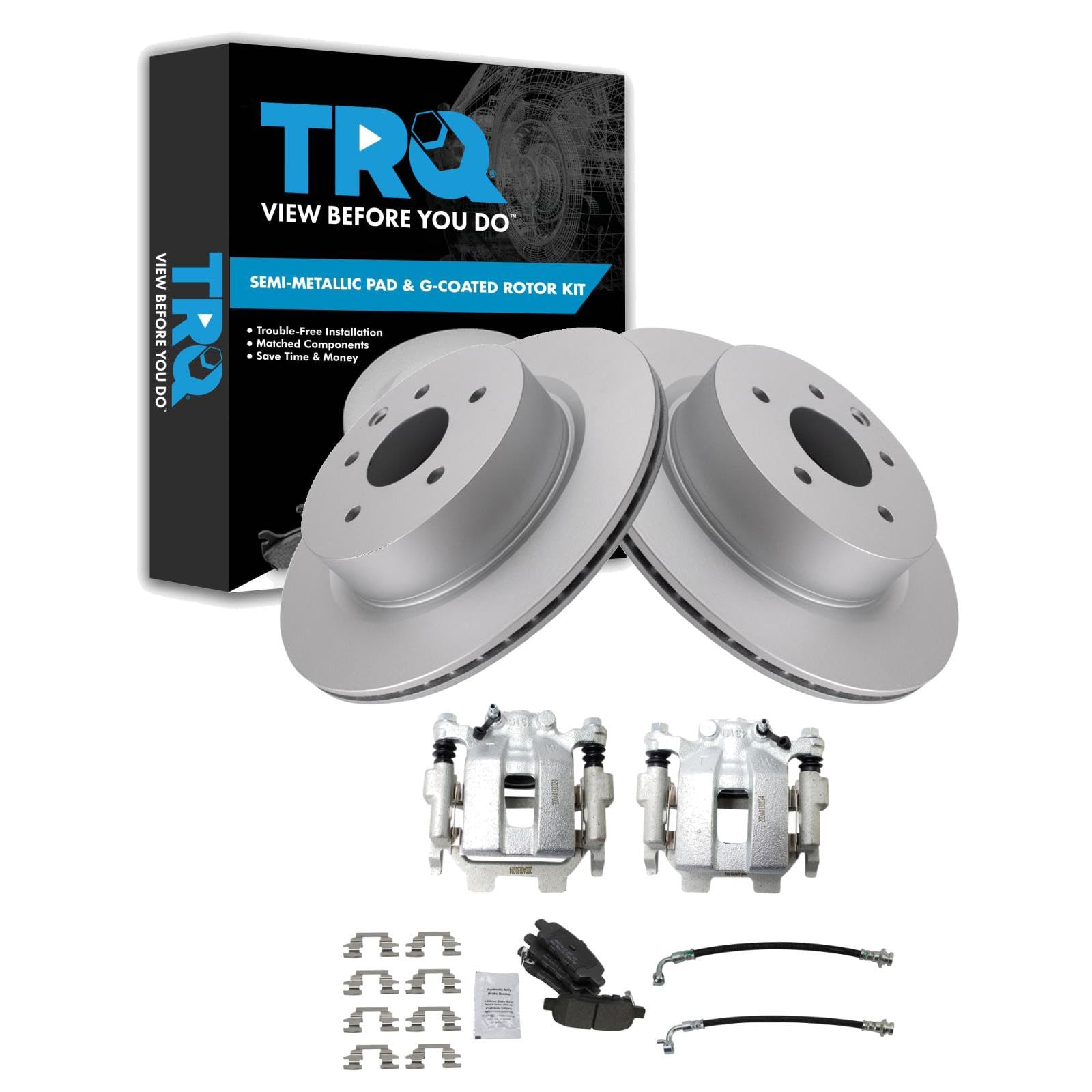 TRQ Rear Brake Pad and Rotor Set Semi Metallic Coated Rotors Calipers Compatible with 2011-2012 Infiniti G25 G37 2015 Q40