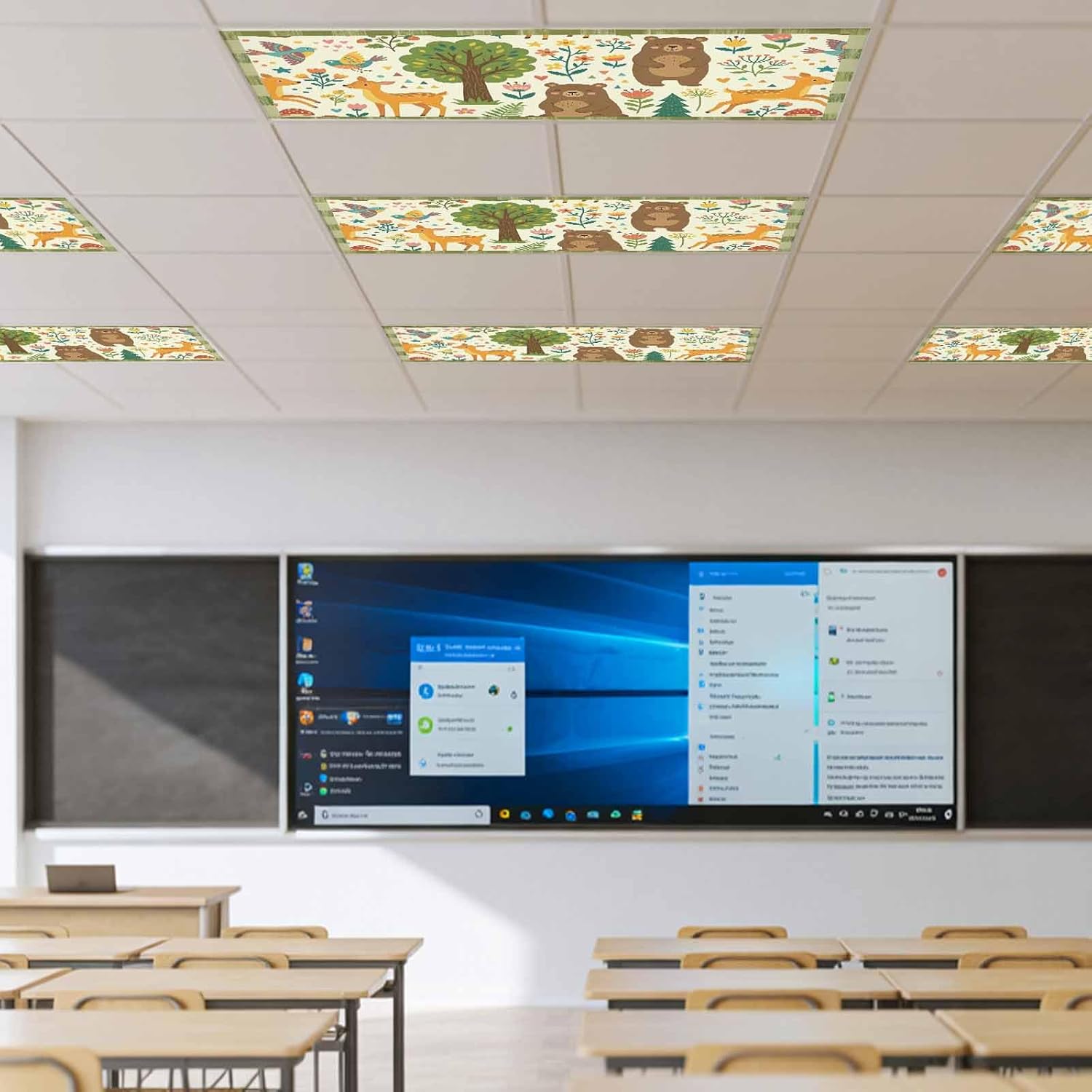 Green Beige Forest Animals Fluorescent Light Covers for Ceiling Lights 4x2 feet,4 Pack Magnetic Light Filters for Classroom,Cartoon Deer Bears Botanical Fluorescent Lamp Shade Panel for Office School