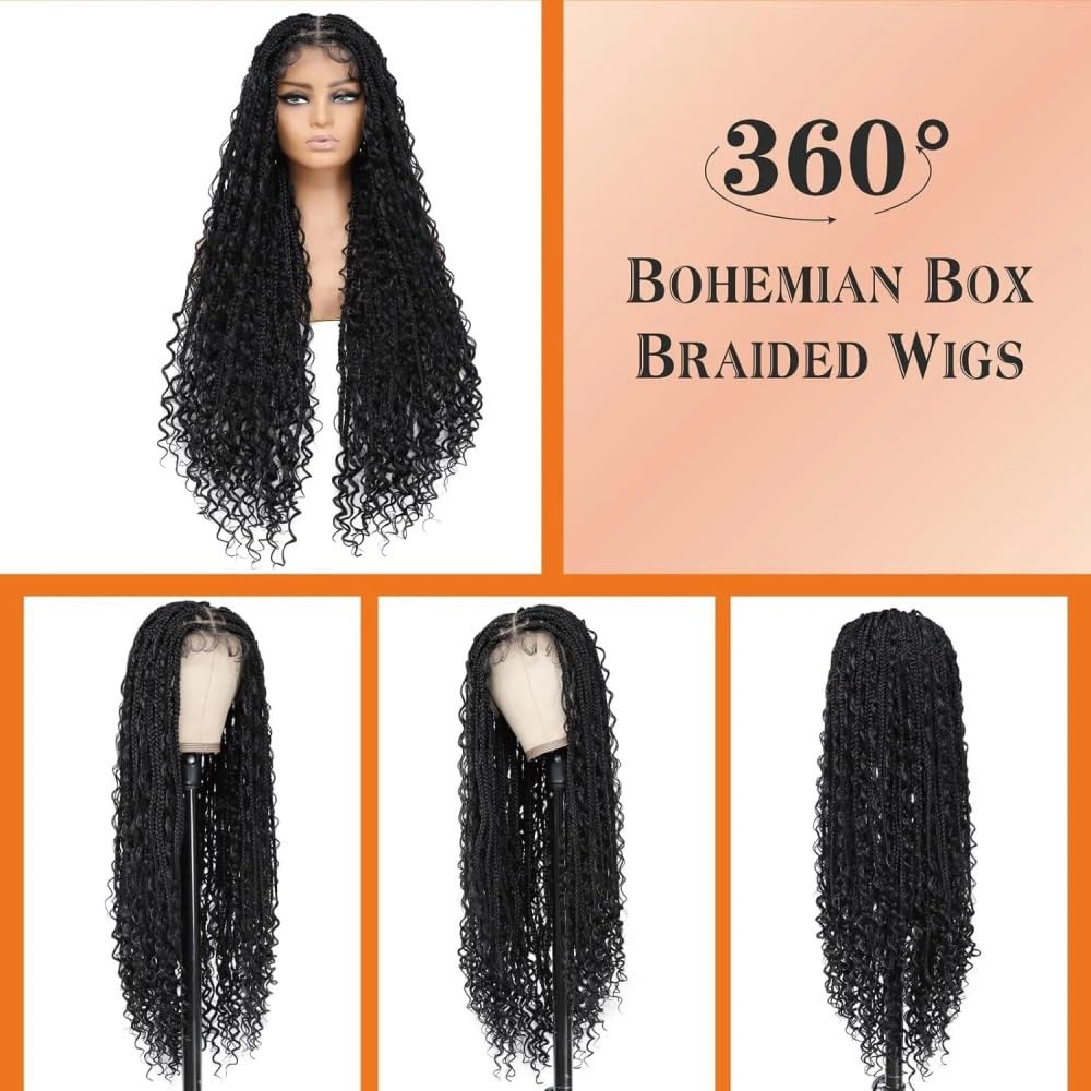 Parrucche intrecciate senza nodi Boho da 36 pollici for le donne Parrucca nera con treccia bohémien sintetica in pizzo pieno