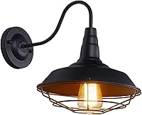 Vista 2 de Lámpara de pared industrial retro de cuello de cisne, lámpara de granero con pantalla de jaula de metal negro, aplique de pared para interiores