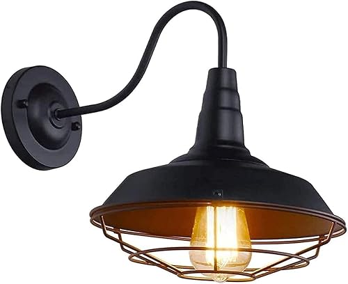 Miniatura 2 de Lámpara de pared industrial retro de cuello de cisne, lámpara de granero con pantalla de jaula de metal negro, aplique de pared para interiores y