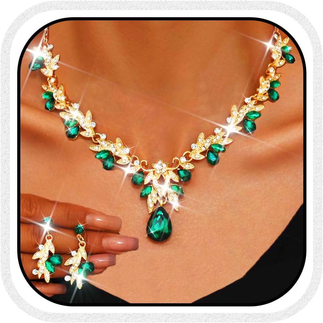Unicra Rhinestone Bridal Wedding Jewelry Sets Gold Necklace Earrings Set Leaf Prom Formal Costume Jewelry Set for Women and Brides