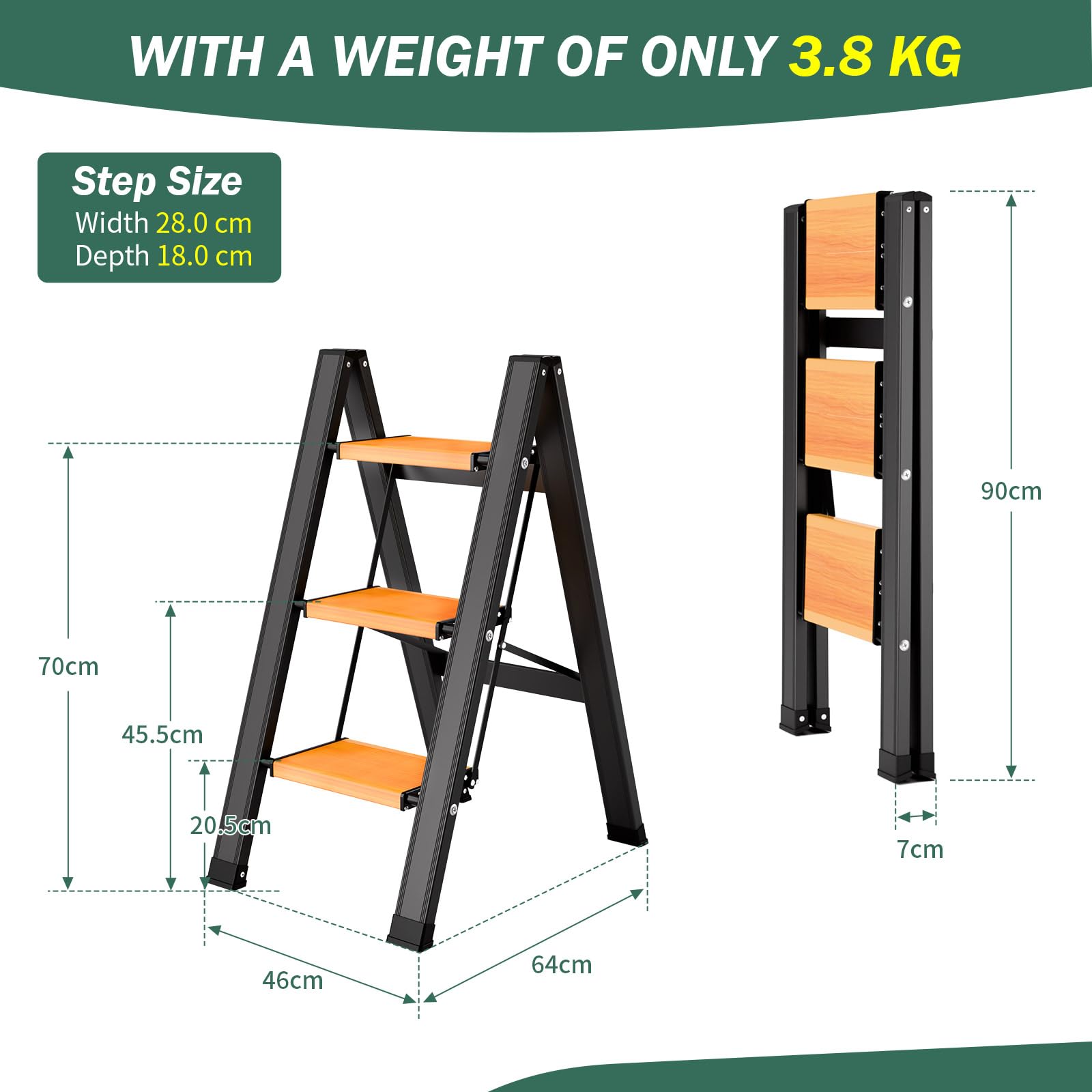 KULACO Escalera Plegable 3 Peldaños de Aluminio, con Peldaños Antideslizantes y Portátil hasta 150 kg, Diseño Elegante para Hogar, Cocina, Camping