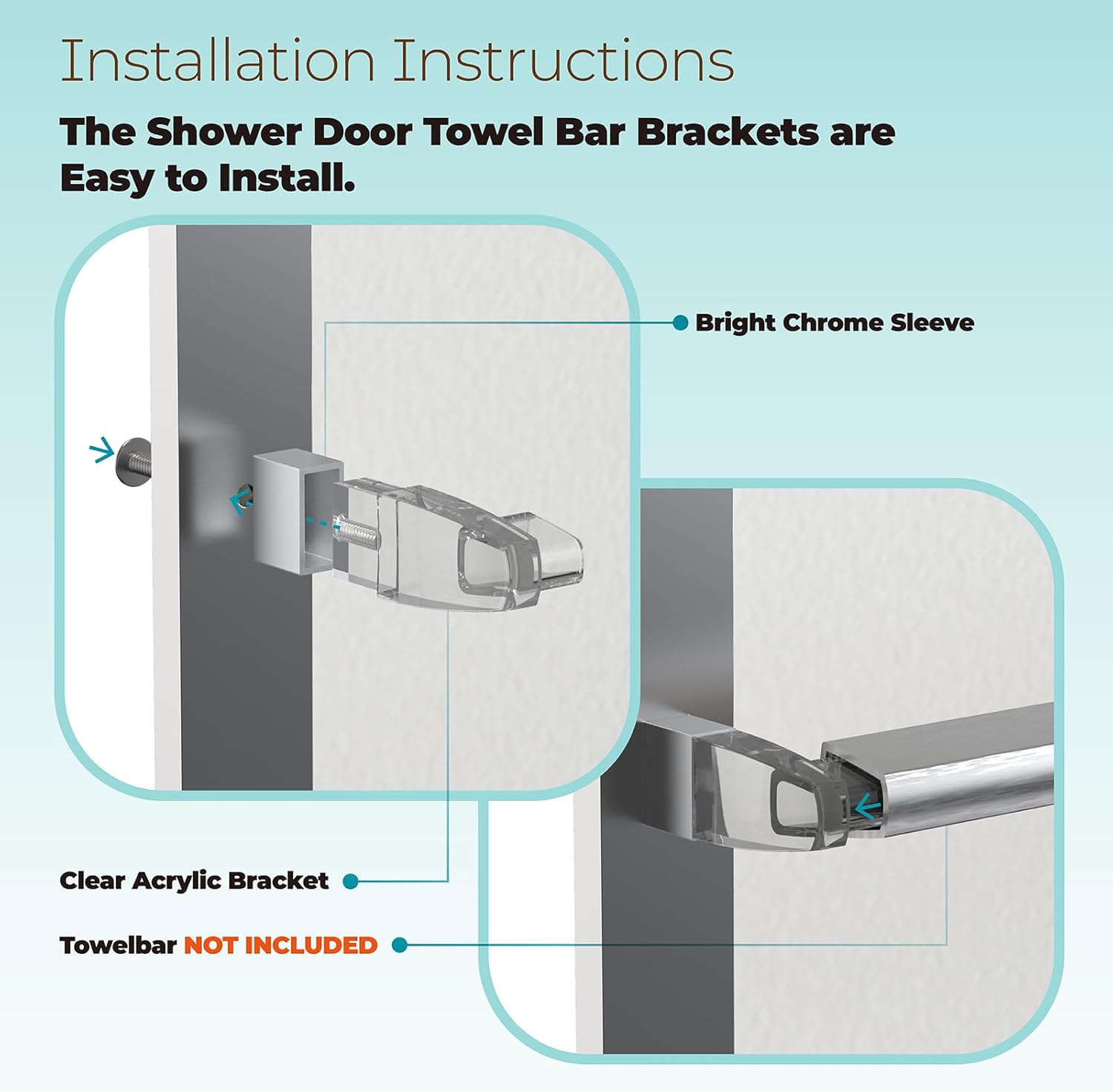 Image showing a step-by-step diagram of how to install the shower door towel bar brackets, including the screw, chrome sleeve, and acrylic bracket.