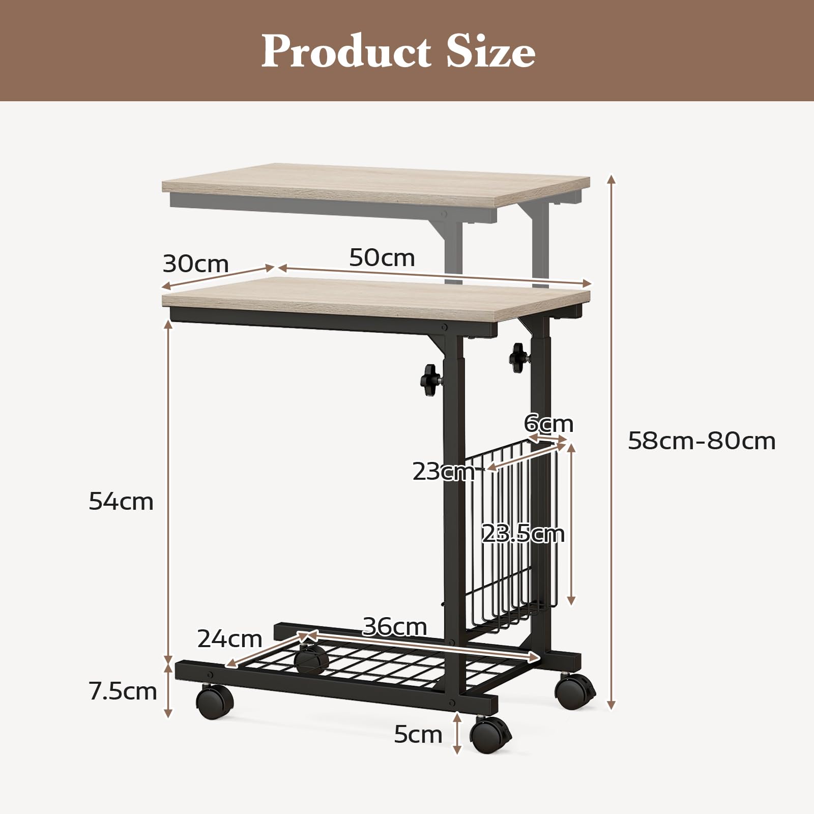 GIANTEX Mesa Auxiliar en Forma de C 50 x 30 cm con 4 Ruedas (2 con Freno), Altura Ajustable 58-80 cm, Cesto de Metal Lateral, Mesa Lateral para Dormitorio, Salón (Natural)