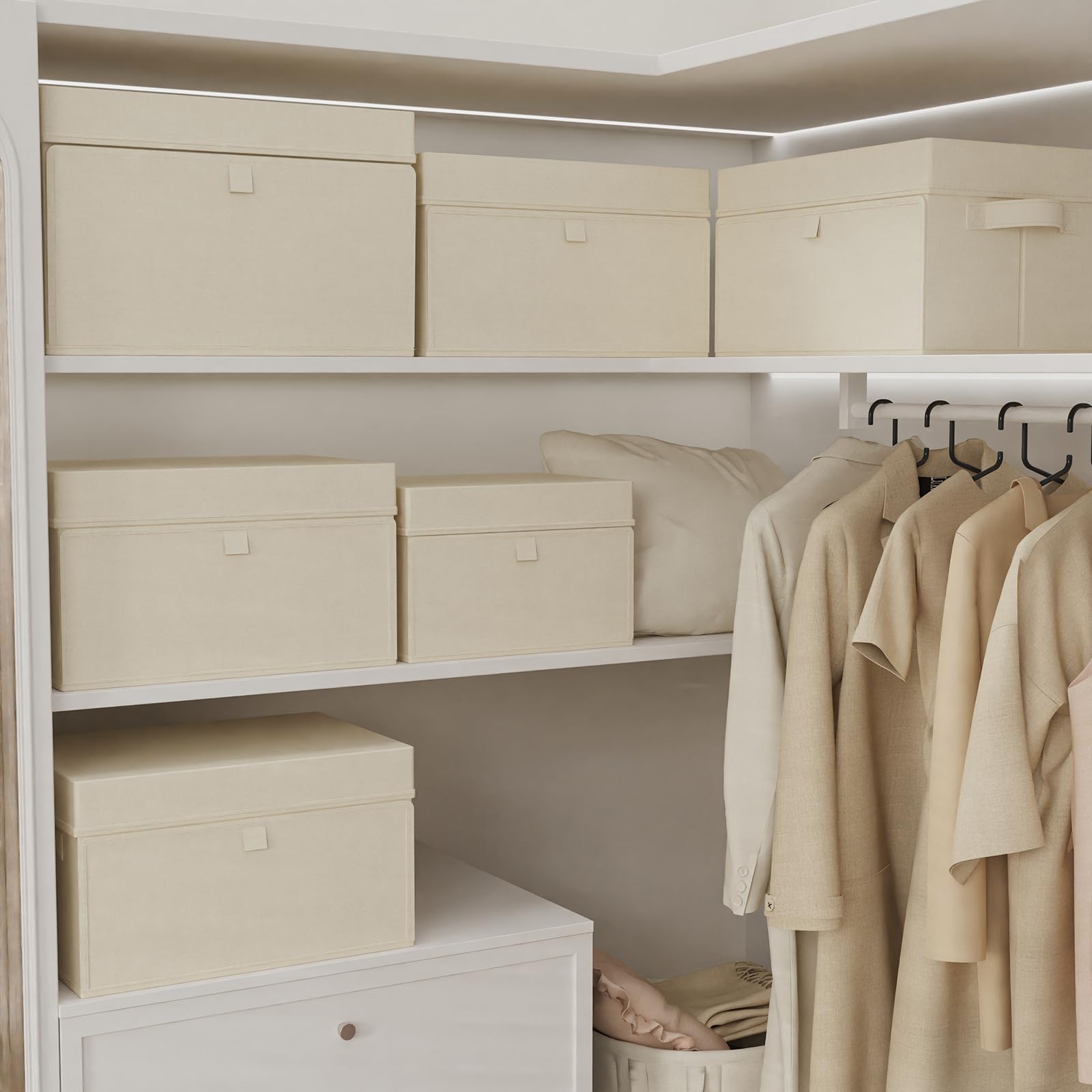 Scatole di Stoccaggio Pieghevoli con Coperchi, Organizzatore Armadio con Manici, Cubo Portaoggetti in Tessuto, per Casa, Ufficio, Scuola, 3 Pezzi, 38x25x25cm, Beige