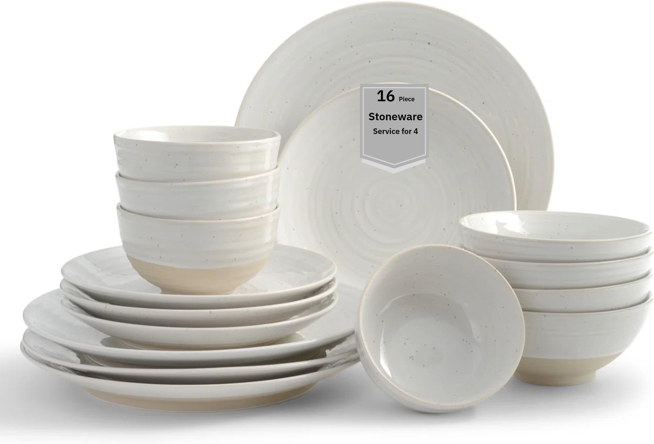 Siterra 16-Piece Rustic White Stoneware Dinnerware Set – Service for 4, White with Glossy Speckle Overlay, for Everyday Dining & Entertainment, Microwave & Dishwasher Safe