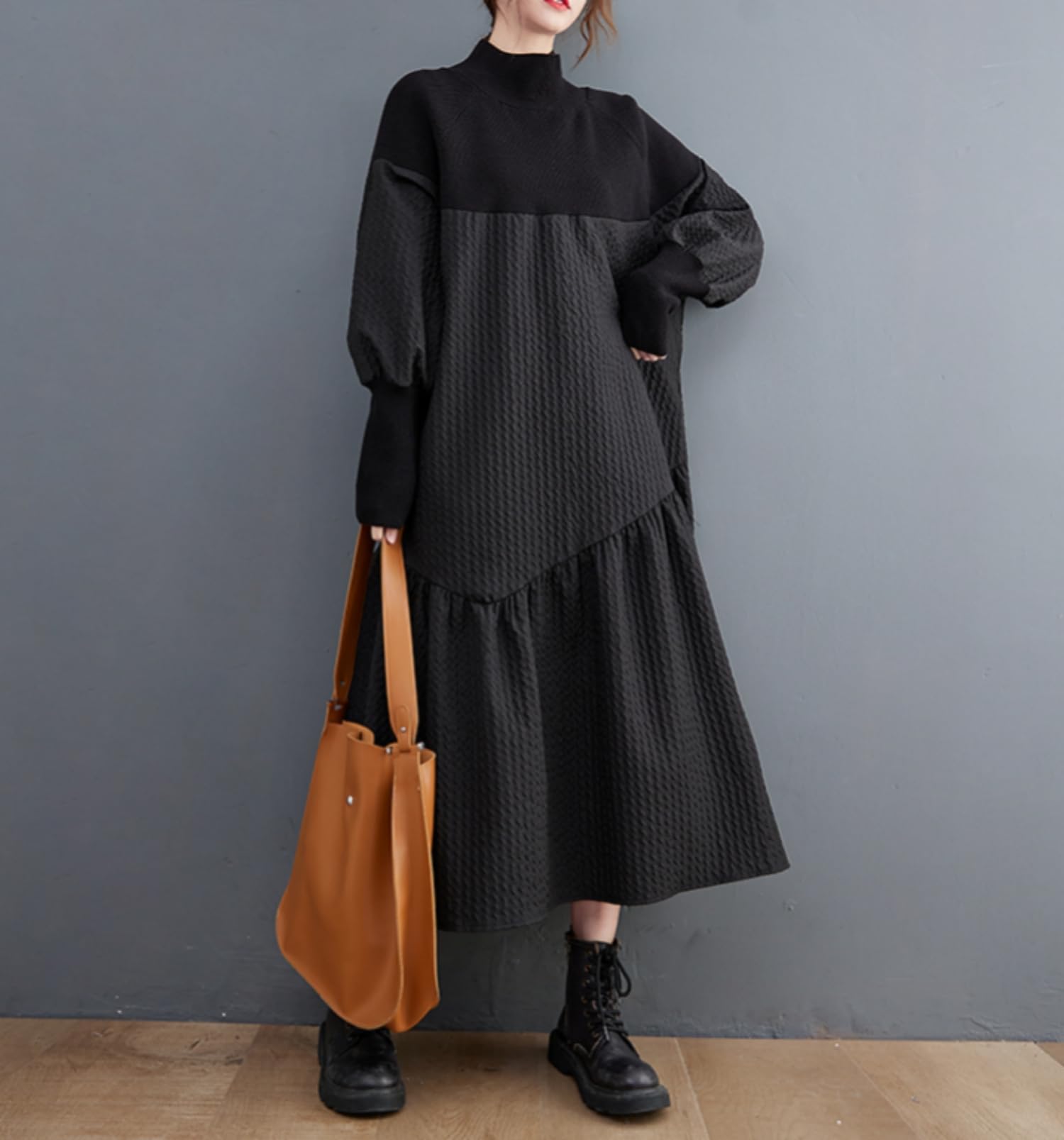 ellazhu Robe Tricotée à Col Roulé Patchwork avec Volants pour Noël GZ05