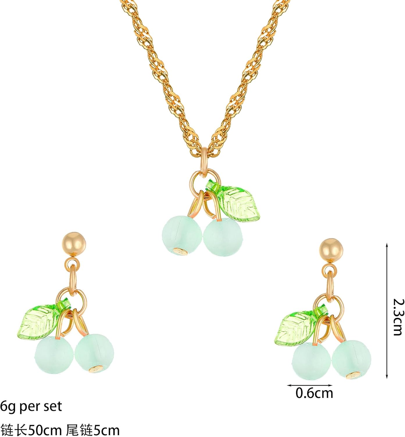Cherry Earrings Necklaces Set for Women Cute Green Leaf Sweet Cherry Fruit Dangle Stud Earrings Pendant Necklace Party Jewelry - Image 4