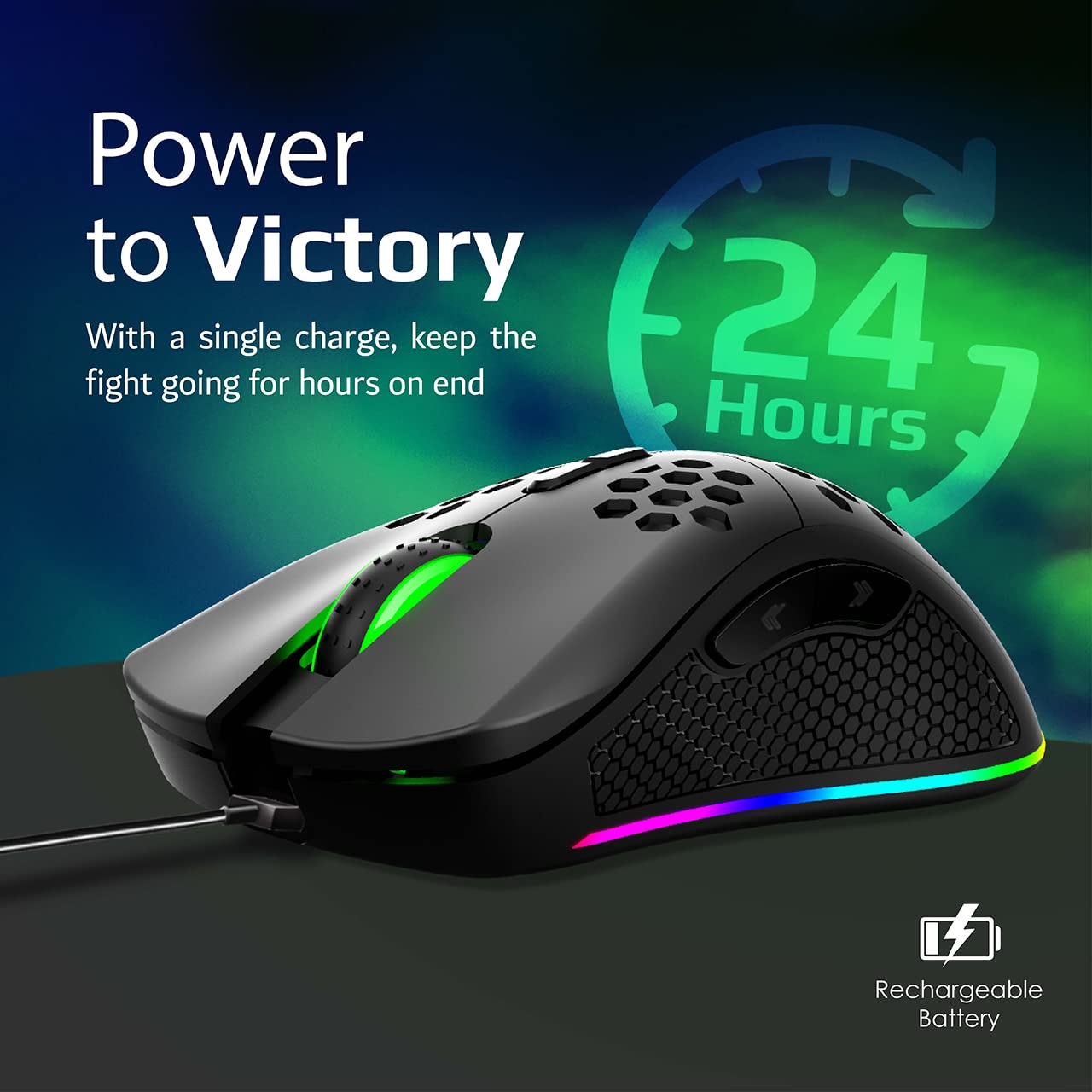 Vertux Ratón Gaming Inalámbrico, 7 Botones Programables, Sensor Óptico 16000 dpi, Recargable, Ajustable con LED RGB, 1000Hz, Ratón Gaming Dual, Diseño Honeycomb Ergonómico, PC/Mac/Portátil, Ammolite