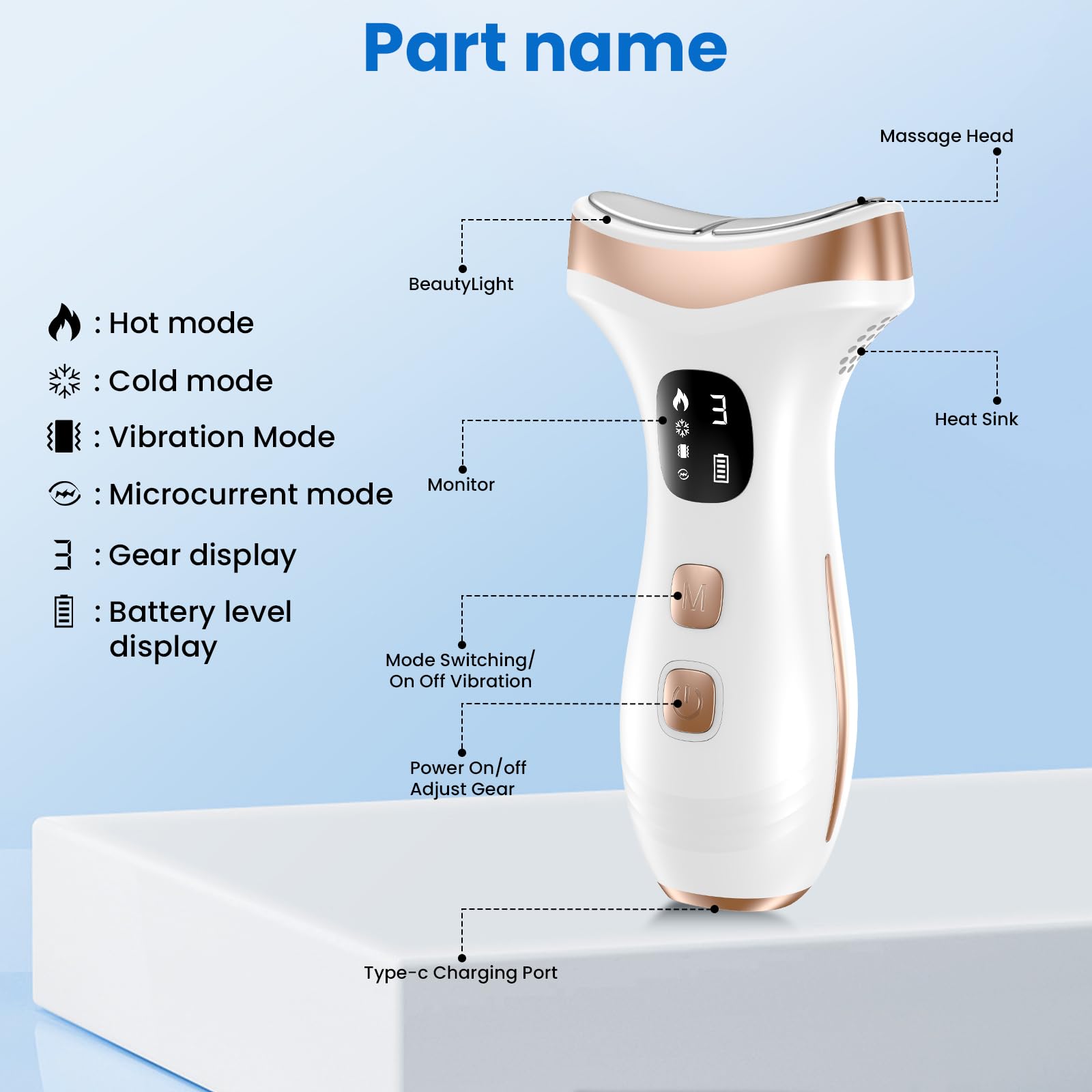 PKBD Appareil de Massage Facial Électrique – Soin Anti-Âge anti-rides et anti-double menton, Technologie chaude 45°C et froide 15°C, 4 modes, lumière LED multicolore