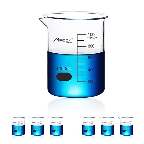 Vaso de precipitados de vidrio, Vol. 1000 ml, 3.3 Borosilicato Griffin de forma baja con graduación impresa, paquete de 6, BKL1K0-006