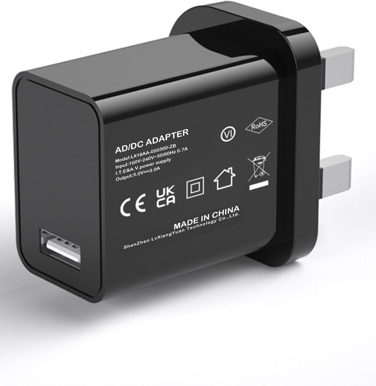 5V 3A 15W Black USB Charger, UK Usb Plug, USB-A Output, 100V-240V Input, for Phone, Tablet, Speakers