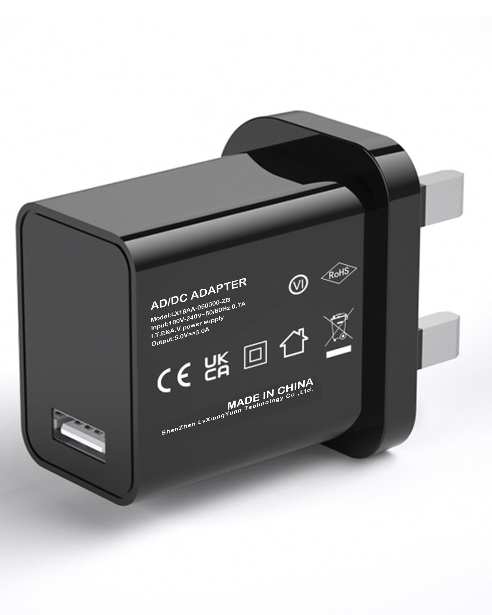 5V 3A 15W Black USB Charger, UK Usb Plug, USB-A Output, 100V-240V Input, for Phone, Tablet, Speakers