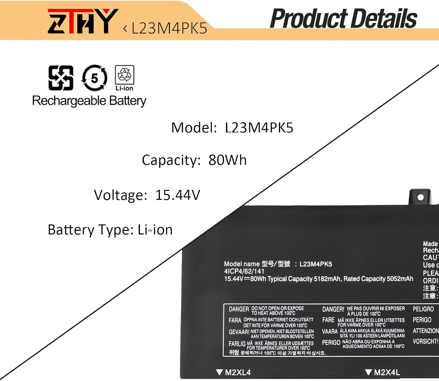 80Wh L23M4PK5 L23B4PK5 Battery Replacement for Lenovo Legion 5 16IRX9 (2024) 83EW 83DG / Legion 5i Gen9 16″ / Y7000P 2024 Series Laptop L23C4PK5 L23D4PK5 L23L4PK5 5B11M64606 5B11M64609 15.44V 5182mAh image 3 of 7 B0FD3MYHRN