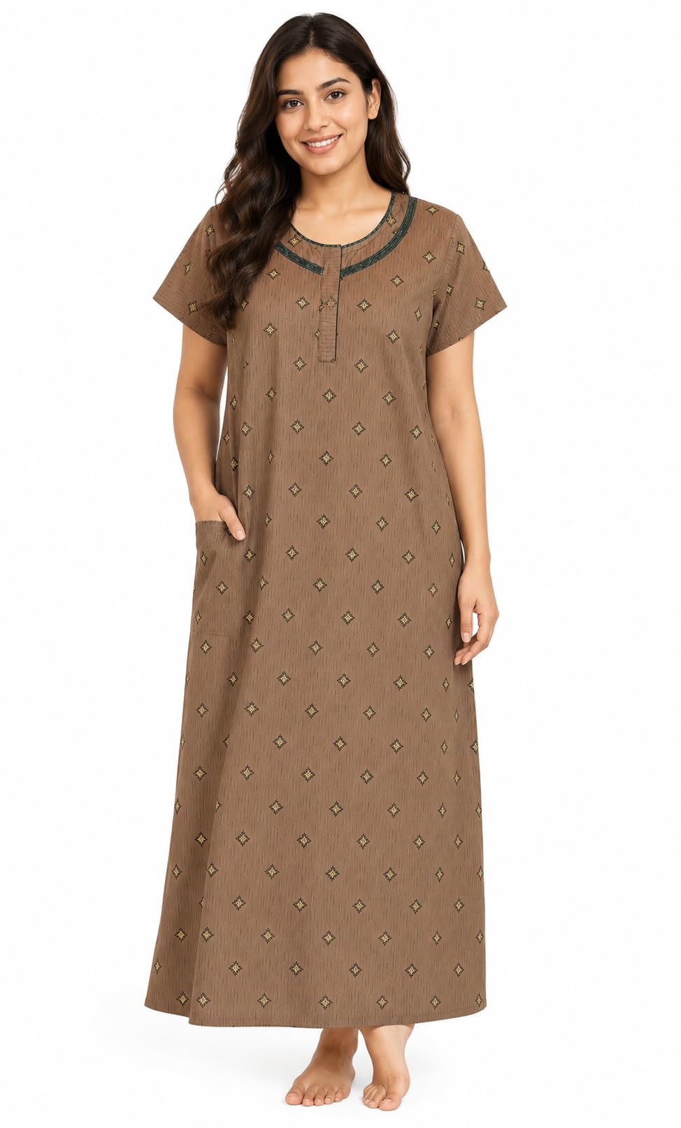 Women's Pure Cotton Nighty | Full Length Nighty | Round Neck | Half Sleeve | Soft & Comfortable | Size - XL Brown-image-41