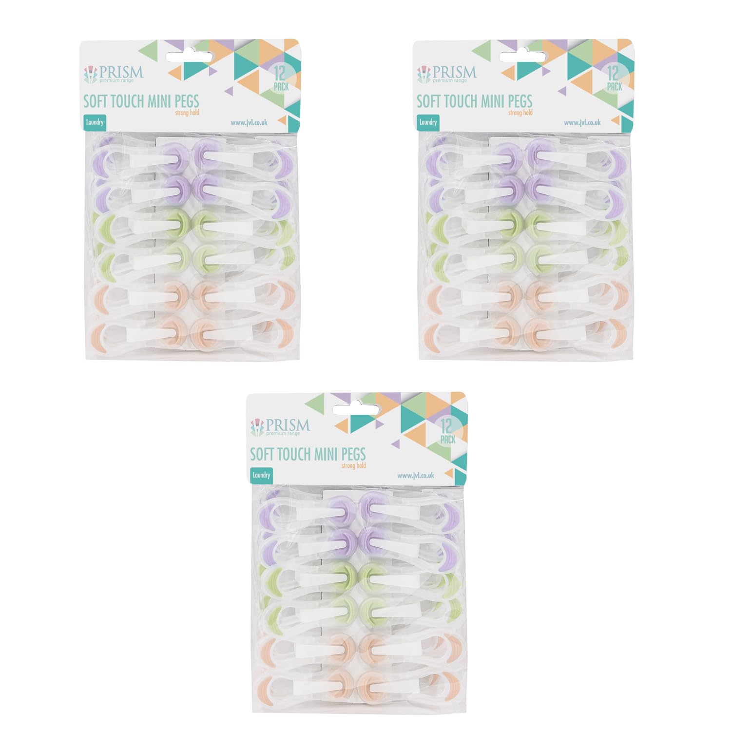 JVL 12 Pack Soft Touch Mini Clothes Pegs – Pack of 3 (36 Total) – Assorted Colours